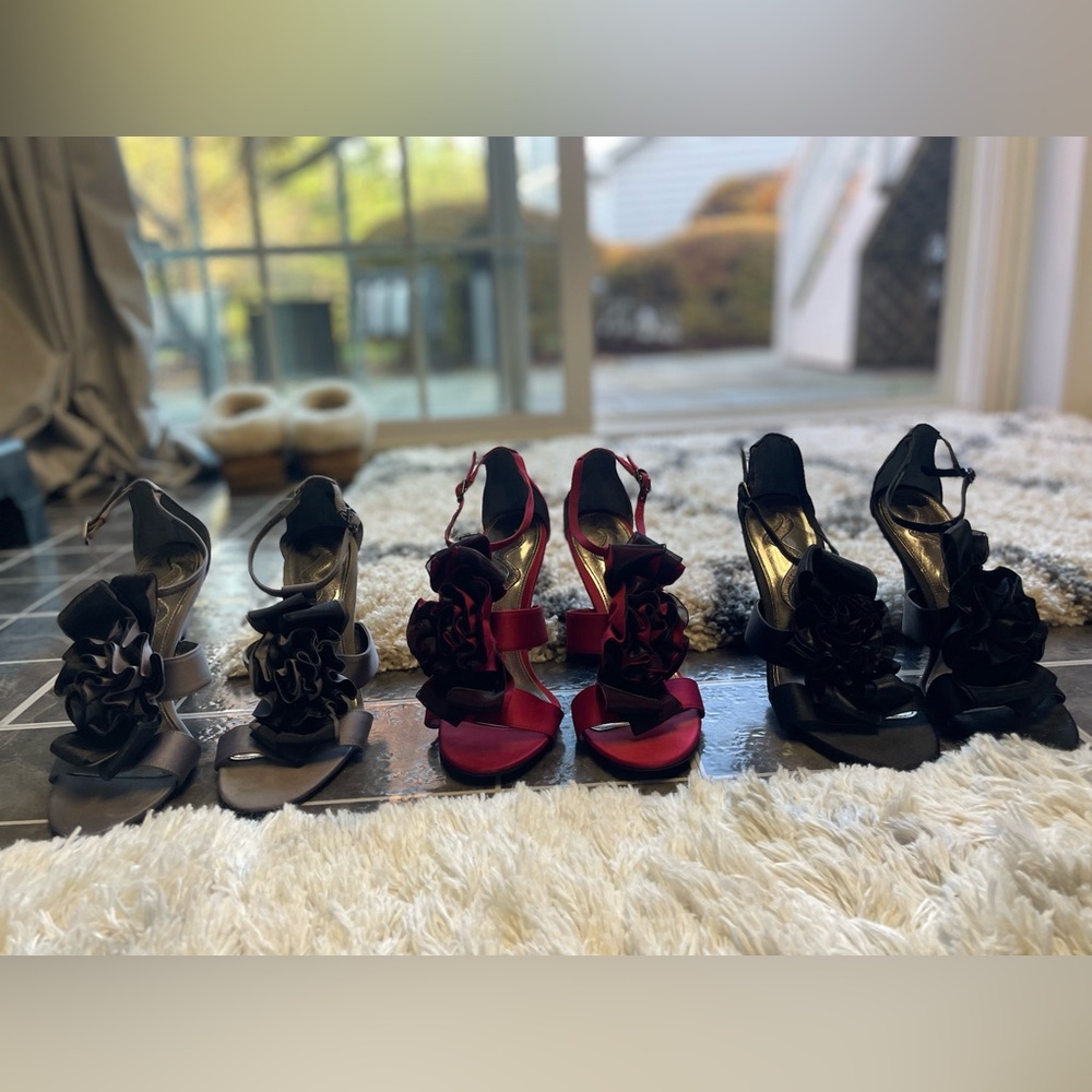 Bundle of 3 Ruffled Satin High Heels – Black, Red & Gray